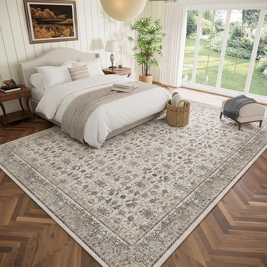 Washable 9x12 Area Rugs for Living Room, Boho Non-Slip Vintage Distress Lager Rugs for Bedroom Dining Room Nursery Office, 0.3" Neutral Oriental Throw Thin Carpet, Cream/Blue/Orange/Multi