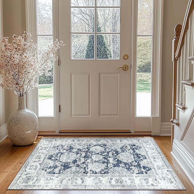 jinchan Fiora Floral 3x5 Area Rugs for Entryway - Machine Washable Taupe Vintage Distressed Design Doormat Non-Slip Ultra-Thin Low Pile Boho Rug for Kitchen Living Room Farmhouse (3‘x5', Dark Blue)