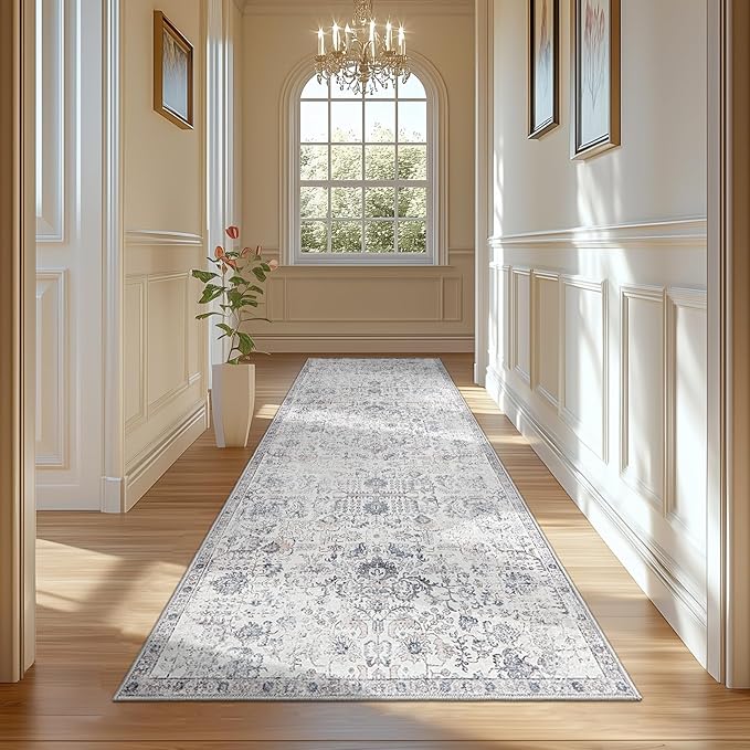jinchan Kalen Runner Rug 3x10 Washable Hallway Rug Vintage Indoor Thin Retro Floor Cover Distressed Gray Floral Country Lightweight Non Slip Carpet for Entryway Bathroom Bedroom Living Room Grey