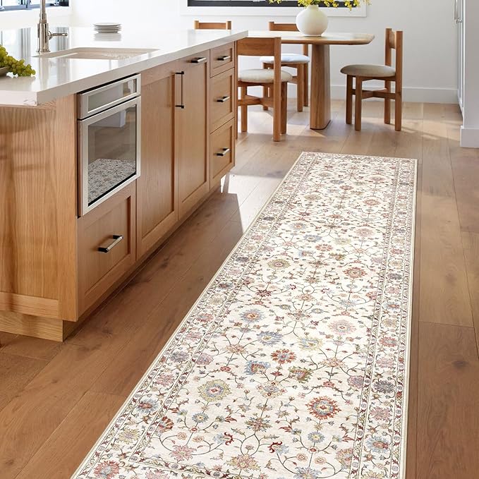 Washable Hallway Runner Rug 2.5x12ft - Long Non-Slip Cream Colorful Boho Runner Rug Low Pile Soft Vintage Bohemian Floral Runners for Hallways Kitchen Living Room Indoor Entryway Bedroom Foyer