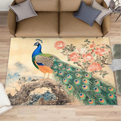 Peacock Peony Flower Area Rug 6x8-6x8 Rug, Classic Peacock Peony Rugs for Living Room, Oriental Carpet, Floral Animal Washable Area Rugs for Bedroom, Aesthetics Carpet - Peafowl Home Decor & Gifts