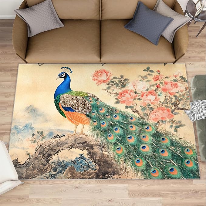 Peacock Peony Flower Area Rug 4x5-4x5 Rug, Classic Peacock Peony Rugs for Living Room, Oriental Carpet, Floral Animal Washable Area Rugs for Bedroom, Aesthetics Carpet - Peafowl Home Decor & Gifts