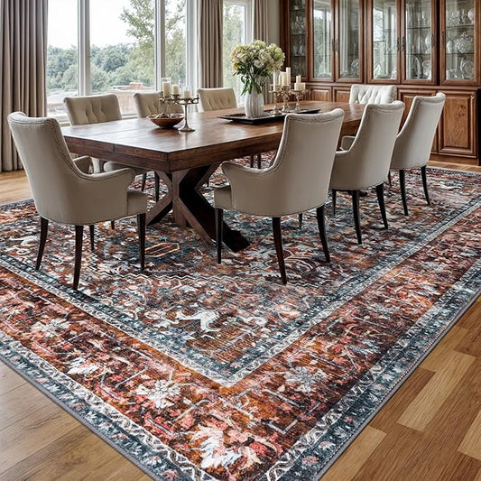 KOZYFLY Boho Area Rug 9x12 Ft Thin Rugs for Living Room Washable Bedroom Rug Non Slip Rugs Printed Faux Wool Vintage Bedroom Rug Floor Carpet for Dining Room Living Room, Brick Red/Orange/Green