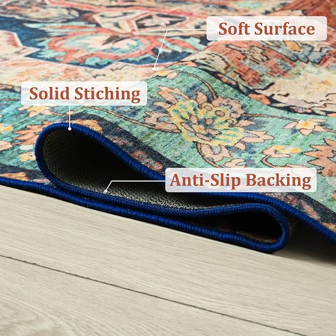 Area Rugs 6x9, Low Pile Washable Rugs, Soft Vintage Distressed Rugs for Living Room Bedroom, Office, Dining Room, Water Repellent & Non Shedding, Terracotta