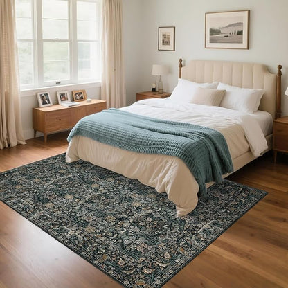 Washable Living Room Rug: 5x7 Boho Floral Soft Area Rug for Bedroom Decor - Vintage Low Pile Thin Carpet for Dining Room Non-Slip - Farmhouse Stain Resistant Rugs - Dark Green
