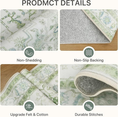 5x7 Area Rugs for Living Room, Machine Washable Rug, Non Slip Vintage Rugs, Low Pile Lightweight Print Rug for Bedroom, Dining Room, Home Office, Cream Green