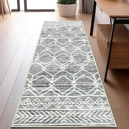 jinchan Moroccan Runner Rug 2x6 - Kitchen Machine Washable Runner Rug Modern Geometric Low-Pile Lightweight Non-Slip Carpet for Entryway Hallway Laundry Room Bedroom Bedside (2x6ft, Grey)