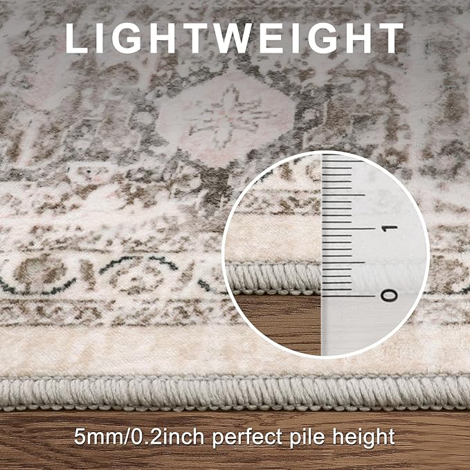 LIVEBOX 5x7 Area Rugs for Living Room, Washable Nursery Beige Neutral Boho Rug, Soft Non-Slip, Low-Pile Vintage Medallion, Retro Faux Wool for Dining Room, Bedroom, Office