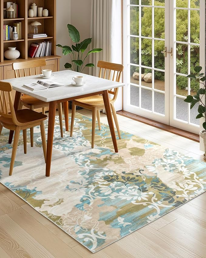Washable Abstract Rug, 5x7 Willow Green and Blue Floral Area Rugs with Non-Slip Rubber Backed for Bedroom, Low Pile Modern Throw Carpet Kitchen Living Room Decor