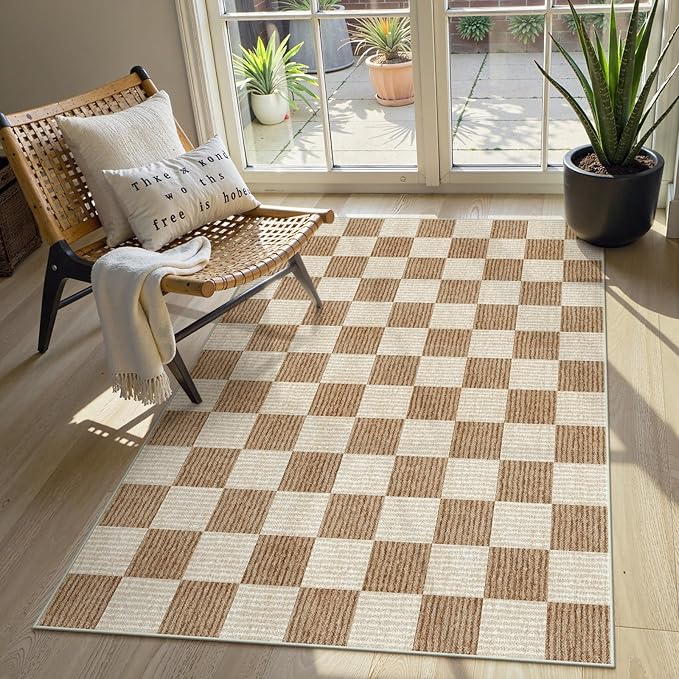 LIVEBOX 4x6 Washable Area Rug Checkered, Non-Slip Small Entryway Rug Brown Farmhouse Neutral Classic Geometric Boys Rug for Bedroom Living Room Low-Pile Carpet for Indoor Kitchen Bathroom(Brown 4'x6')