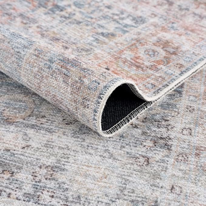 Bloom Rugs Caria Washable Non-Slip 4x6 Rug - Ocean Blue/Brick Traditional Area Rug for Living Room, Bedroom, Dining Room, and Kitchen - Exact Size: 4' x 6'