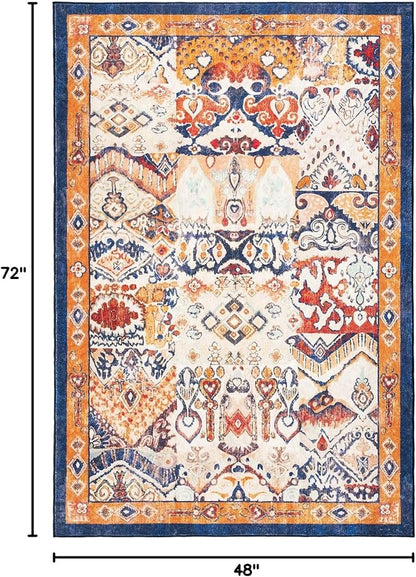 Phantoscope Washable Area Rug 4'x6' Non-Slip, Vintage Boho Rugs for Living Room, Bedroom, Dining Room, Distressed Persian Market Pattern, Low-Pile Foldable Floor Carpet, Navy/Orange