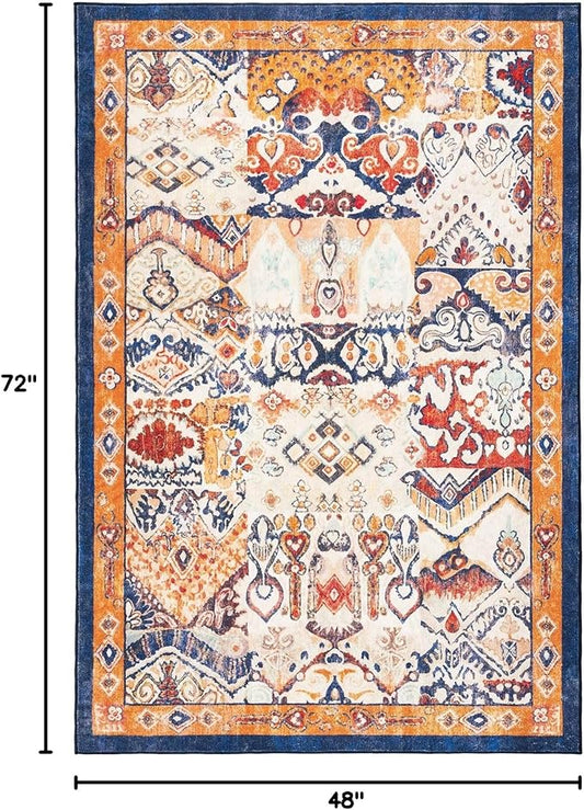 Phantoscope Washable Area Rug 4'x6' Non-Slip, Vintage Boho Rugs for Living Room, Bedroom, Dining Room, Distressed Persian Market Pattern, Low-Pile Foldable Floor Carpet, Navy/Orange