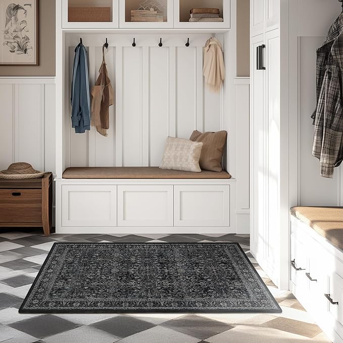 Vintage Charcoal 3x5 Entryway Rug Indoor Foyer, Neutral Earth Tone Dark Throw Rug for Kitchen Bathroom, Machine Washable Non Slip Thin Area Rug for Nursery/Bedroom Bedside/Home Office/Dorm