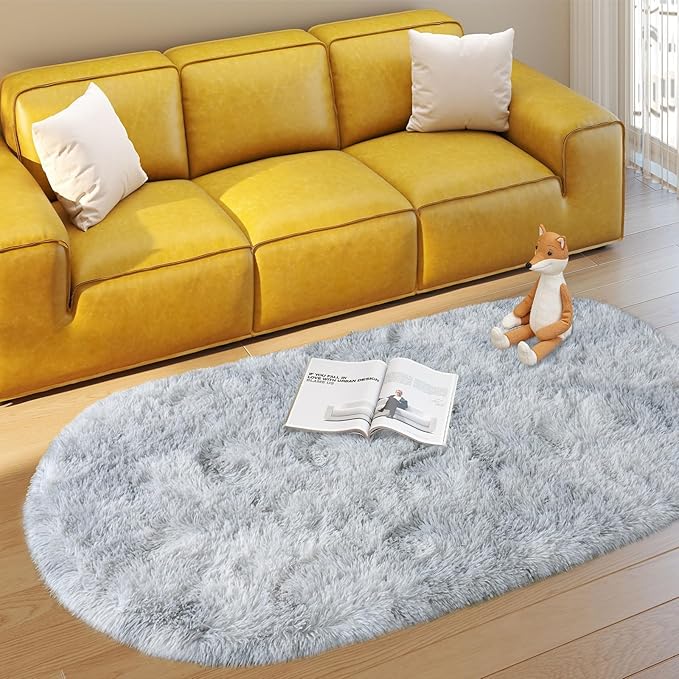 Soft Fluffy Area Rug for Bedroom, Fuzzy Shaggy Oval Throw Rugs for Bedside, Non-Slip Cozy Plush Shag Carpet for Kids Room Nursery Dorm Living Room, Tie-dye Grey, 2.6 x 5.3 Feet, 2 Packs