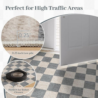 LIVEBOX Machine Washable Area Rug 6x9 Checkered, Non Slip Soft Large Bedroom Living Room Rug Farmhouse Neutral Classic Geometric Pattern Boys Rug, Indoor Carpet for Den Dorm Playroom(Grey,6'x9')