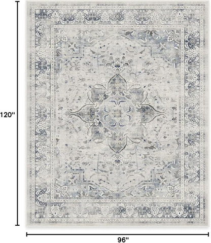 RUGGABLE Washable Vintage Area Rug – Sarrah Blue Quartz 8x10, Stain-Resistant, Non-Slip – Large Machine Washable Rugs for Living Room, Bedroom, Hallway, Entryway & Office–with Cushioned Pad