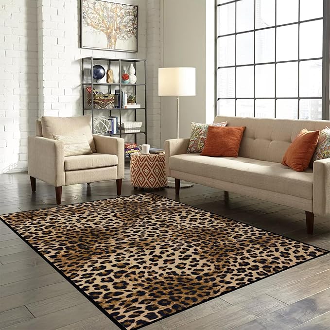 Leopard Rug 5x7 Washable Animal Print Rug Living Room Large Carpet Soft Non-Slip, Non-Shedding Brown Carpet for Office Dormitory Bedroom