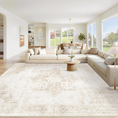 Area Rug 9x12 Washable Rug, Vintage Boho Medallion Rugs Non-Slip Soft Low Pile Large Distressed Rug Indoor Retro Carpet for Living Room Bedroom Dining Room Home Office (Beige, 9'x12')