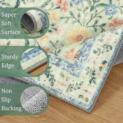 Morebes Boho Washable Area Rugs 8x10 Non Slip, Soft Floral Nursery Rug Girl Bedroom, Ultra-Thin Vintage Distressed Carpet for Living Room Dorm Aprtment, Green/Pink