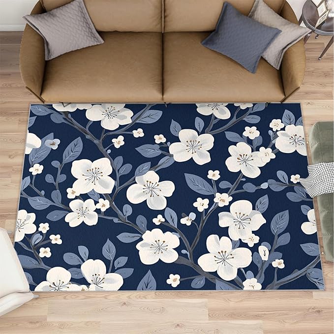 Boho Rugs for Bedroom - 4x5 Area Rug - Blue White Flowers Rugs for Living Room, Vintage Modern Flowers Rug, Washable Home Decor Carpet
