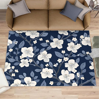 Boho Rugs for Bedroom - 3x5 Area Rug - Blue White Flowers Rugs for Living Room, Vintage Modern Flowers Rug, Washable Home Decor Carpet
