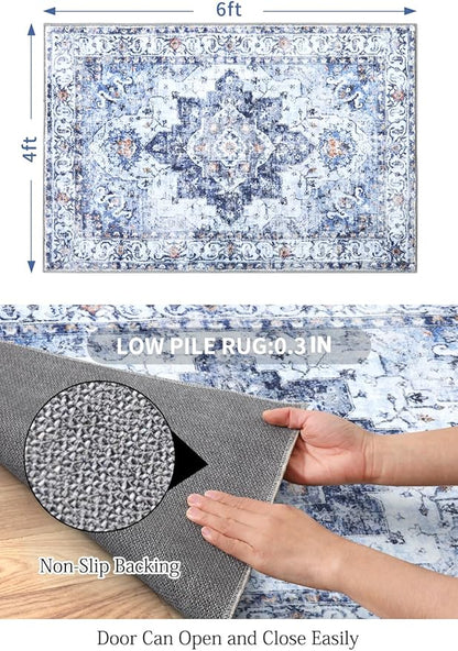 COMSLE 4x6 Rugs for Living Room Washable Area Rugs for Bedroom Faux Wool Distressed Throw Rugs Absorbent Non-Slip Floor Carpet for Indoor Kitchen Laundry Room Blue