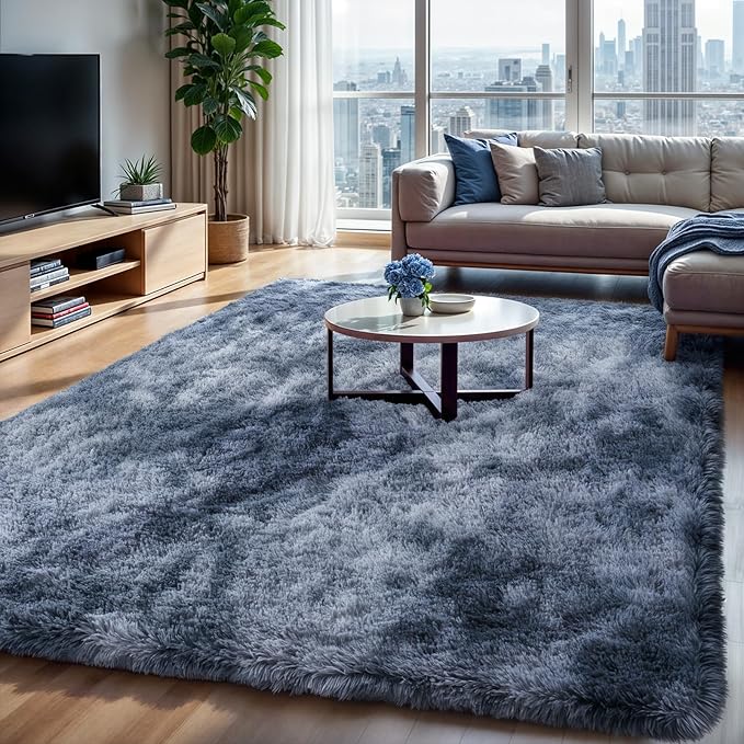 Zentavio Area Rugs for Living Room Rugs for Bedroom 4x6 Carpet Fluffy Fuzzy Soft Shag Aesthetic Plush High Pile Gray Throw Rug for Nursery Kids Room Dorm Tie-Dyed Blue Grey