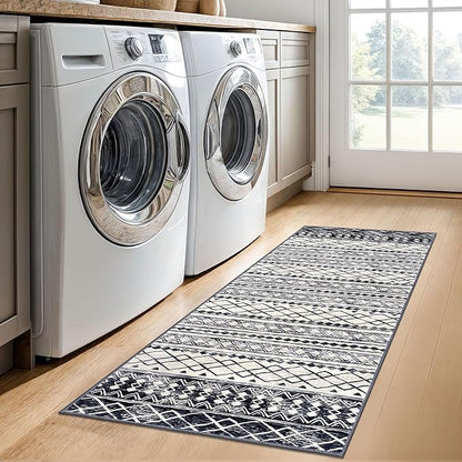 KUTA Moroccan Washable Runner Rugs 2x5, Non-Slip Vintage Black Navy Blue Boho Hallway Kitchen Rugs Ultra Soft Geometric Floor Carpet Runners for Bedroom Laundry Living Room