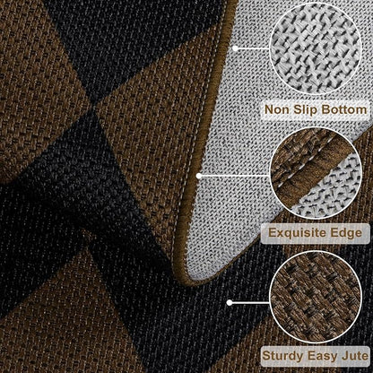 Easy Jute Coffee Checkered 5x7 Area Rug, Washable Modern Rugs for Living Room Non-Slip Diamond Bedroom Rug, Neutral Farmhouse Indoor Outdoor Carpet for Patio Dining Room Classroom