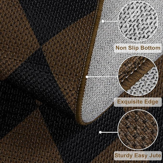 Easy Jute Coffee Checkered 5x7 Area Rug, Washable Modern Rugs for Living Room Non-Slip Diamond Bedroom Rug, Neutral Farmhouse Indoor Outdoor Carpet for Patio Dining Room Classroom