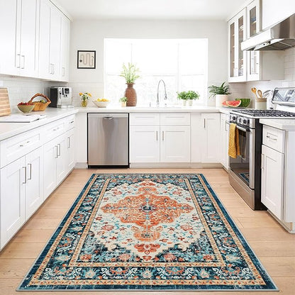 U'Artlines Boho Vintage Area Rug 3x5 Machine Washable Low Pile Soft Floor Carpet Non Slip Non Shedding Accent Rug for Living Room Bedroom Entryway Dining Room Office Orange/Multi