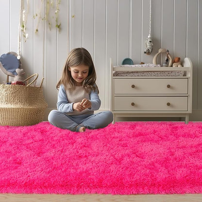 Soft Fluffy Area Rug for Bedroom, Hot Pink Fuzzy Shaggy Oval Throw Rugs for Bedside, Non-Slip Cozy Plush Shag Carpet for Girls Kids Room Nursery Dorm Living Room, 2.6 x 5.3 Feet
