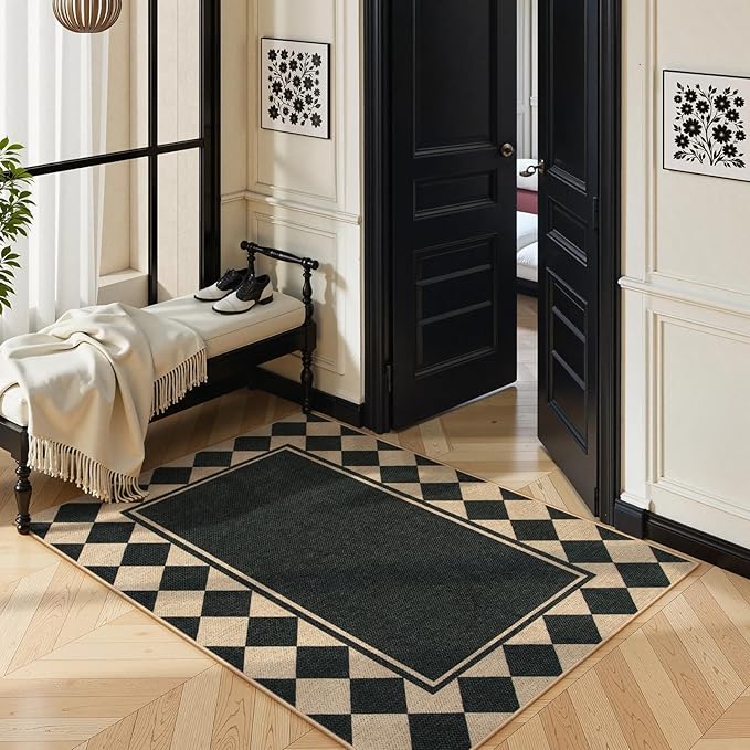 Moynesa Checkered Easy Jute Outdoor Patio Rug 3x5, Washable Indoor Outdoor Rugs for Entryway Non Slip, Farmhouse Carpet for Living Room Bedroom Kitchen Backyard Porches, Black Grid Pattern