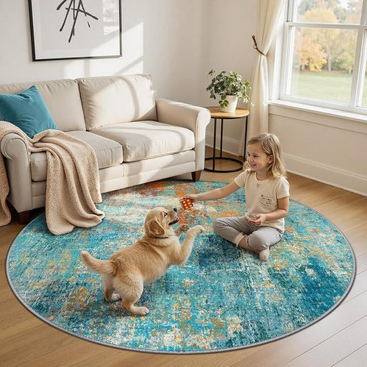 Washable Area Rugs 6ft Non-Slip Modern Abstract Soft for Living Room Entryway Bedroom Nursery, Print Pattern, Teal Blue Green Orange Rust Red Coloreful