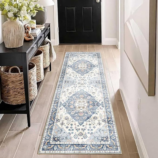 Enkor Runner Rugs for Hallway, 2x6 Washable Soft Non Slip Floor Rugs for Kitchen, Modern Mat for Living Room Bedroom Entryway Blue & White