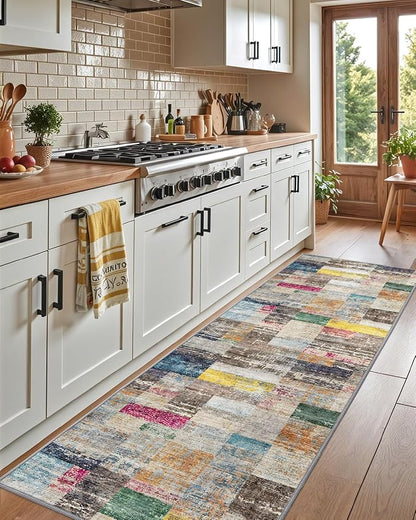 LUMI Washable Runner Rug, 3'x7' Non-Slip Hallway Mat, Low Profile Thin Long Carpeet for Laundry Kitchen Bedroom Office, Multicolor
