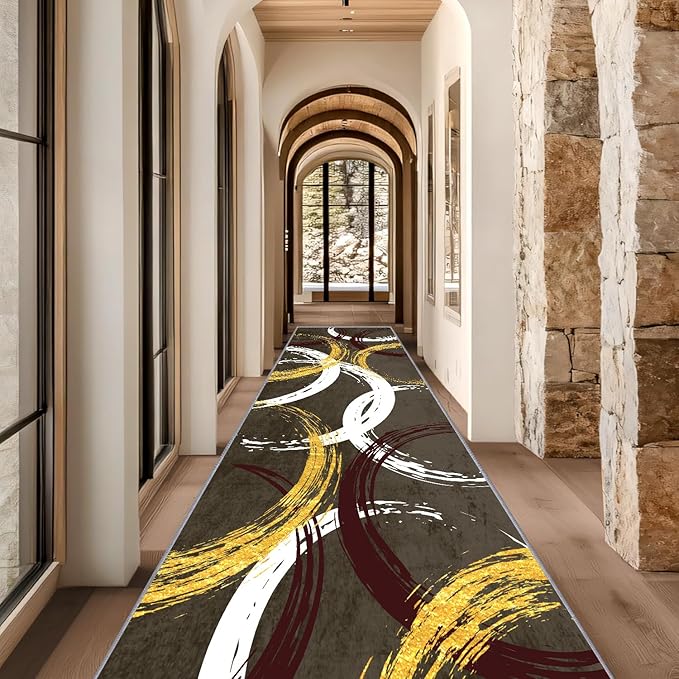 Gold White Red Circle Pattern Runner Rug, 4x10ft Washable Hallway Entrance Rugs - Corridor & Foyer Long Accent Rug, Modern Stylish Decor Carpet for Home Runner Non-Slip Mat