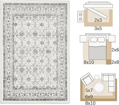 jinchan Floral 5x7 Area Rugs for Bedroom - Machine Washable Vintage Distressed Boho Design Throw Rug Stain Resistant Carpet Low-Pile Thin Non-Slip for Nursery Living Room Dining Room (5‘x7', Beige)