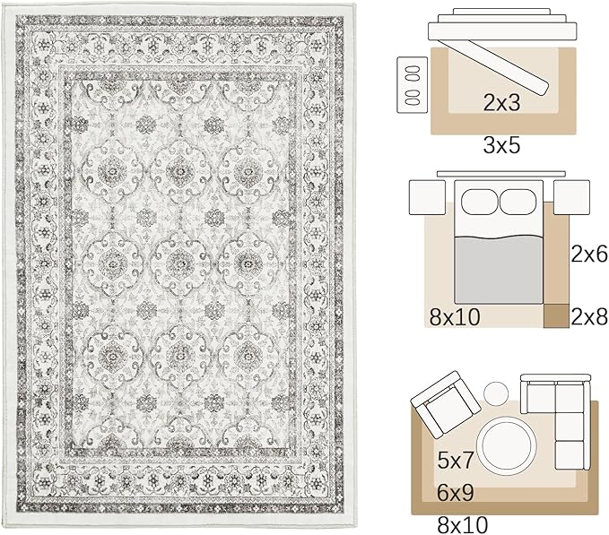 jinchan Floral Area Rugs 4x6 - Machine Washable Vintage Distressed Boho Design Throw Rug Stain Resistant Carpet Low Pile Ultra-Thin Non-Slip for Bedroom Living Room Dining Room Kitchen (4‘x6', Beige)