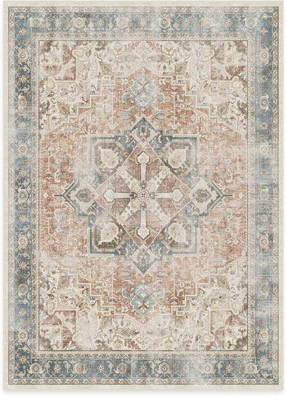 RUGGABLE Washable Vintage Area Rug – Kamran Coral 5x7, Stain-Resistant, Non-Slip – Medium Machine Washable Rugs for Living Room, Bedroom, Hallway, Entryway & Office–with Cushioned Pad