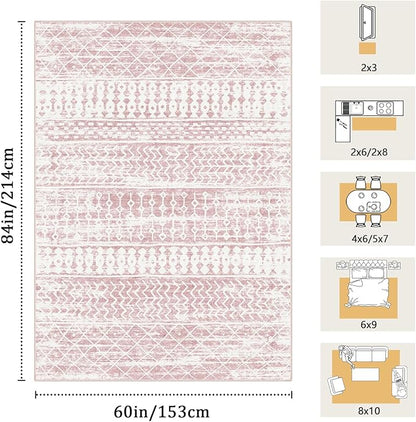 5x7 Machine Washable Area Rug for Living Room, Pink Vintage Moroccan Rug Large Non-Slip Low Pile Soft Faux Wool Carpet, Kids and Pets Friendly for Bedroom Dining Room Farmhouse Home Decor Rug