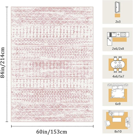 5x7 Machine Washable Area Rug for Living Room, Pink Vintage Moroccan Rug Large Non-Slip Low Pile Soft Faux Wool Carpet, Kids and Pets Friendly for Bedroom Dining Room Farmhouse Home Decor Rug