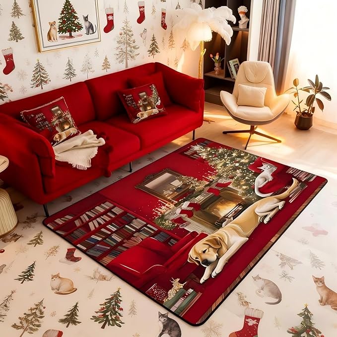 Merry Christmas Area Rug 3x5 Puppy Christmas Tree Rugs for Living Room | Little Cat Pup Dog Washable Rug, Cute Pet Animal Golden Retrievers Carpet Indoor Floor Mat