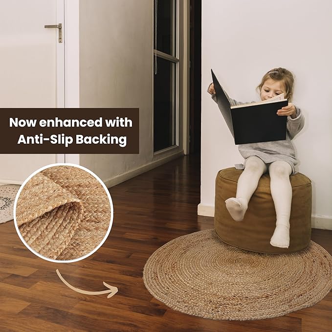 REDEARTH · Round Area Rug - 4 Feet Braided Natural Jute with Non-Skid Backing - Handwoven Boho Rug for Bedroom, Kitchen, Living Room Aesthetic Home Decor - Durable Handmade Rug, Set of 2, Set of 2