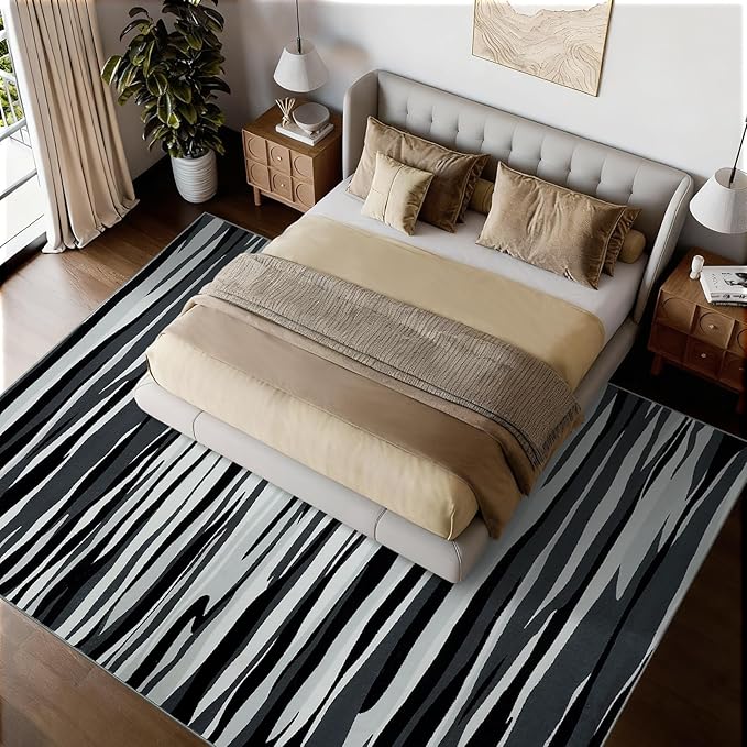 YIHOUSE 8×10 Ft Area Rugs for Living Room: Modern Abstract Black Grey and White Rug - Nonslip Washable Striped Rug for Bedroom Dining Room Office Playroom Nursery Home Decor