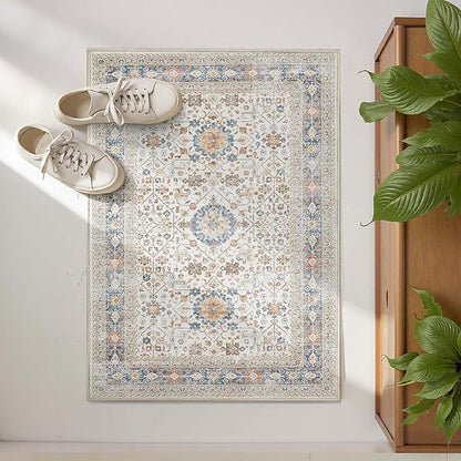 jinchan Area Rug 2x3 Washable Entryway Rug Distressed Orange Multi Vintage Floral Kitchen Print Floor Cover Indoor Doormat Retro Bathroom Living Room Bedroom Office Farmhouse