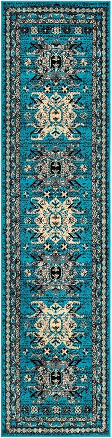 Unique Loom Taftan Collection Border Geometric Tribal Inspired Design Area Rug (2' 2 x 8' 2 Runner, Turquoise/ Gray)