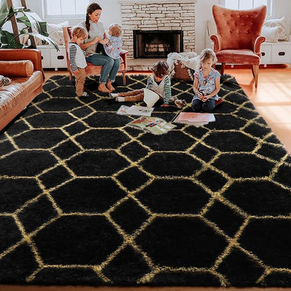 ONASAR 5x8 Rugs for Living Room Bedroom, Washable Fluffy Black and Gold Area Rug, Geometric Boho Soft Plush Shaggy Floor Carpet Mat for Nursery Kids Girls Boys Teen Dorm Home Decor Aesthetic