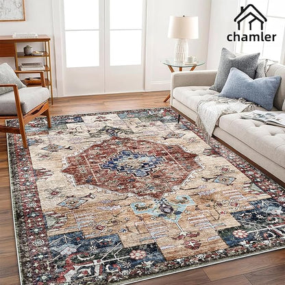 9x12 Washable Area Rug Boho Chic Medallion Distressed Design Non-Shedding Easy Care Ideal for High Traffic Areas in Rugs for Living Room Bedroom Office Coffee Table Large Carpet
